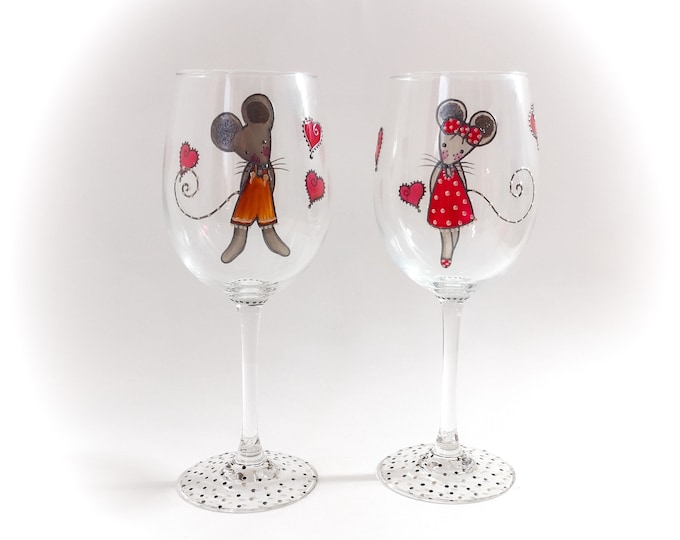 Verres à vin duo original illustration souris verre décorée peint main artisanal