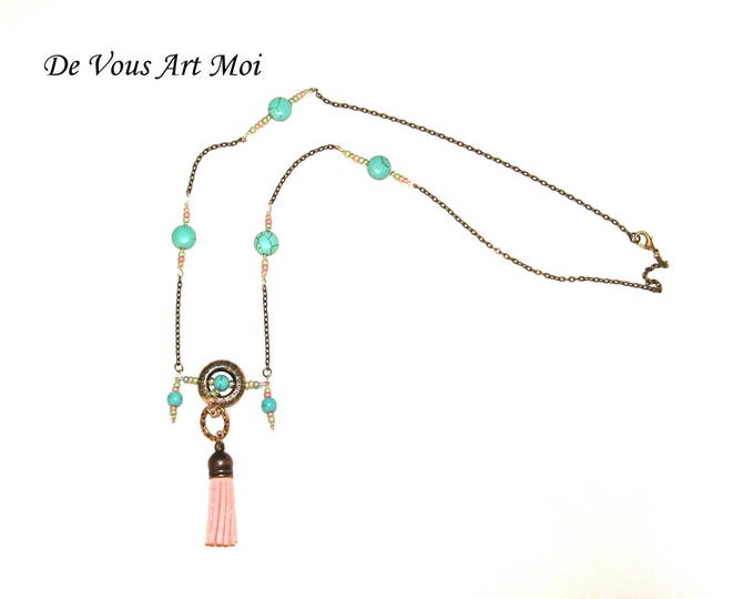 Collier sautoir bohème pompons,collier chaine pierre turquoise,fait main,bijou artisanal rose turquoise,bronze agent massif