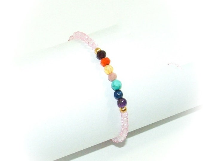 Bracelet fin 7 Chakras,pierre gemmes quartz rose,bracelet femme plaqué or,fait main