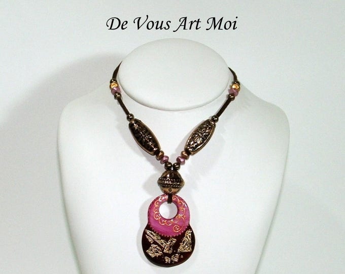 Collier femme rose,collier bohème femme,collier pendentif,en porcelaine,collier artisanal,peint à la main