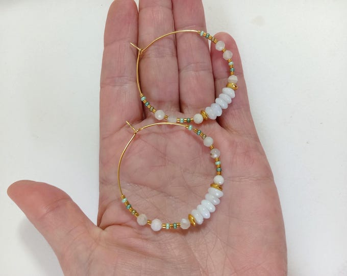 Handmade 40mm genuine natural white moonstone hoop earrings, gold plated