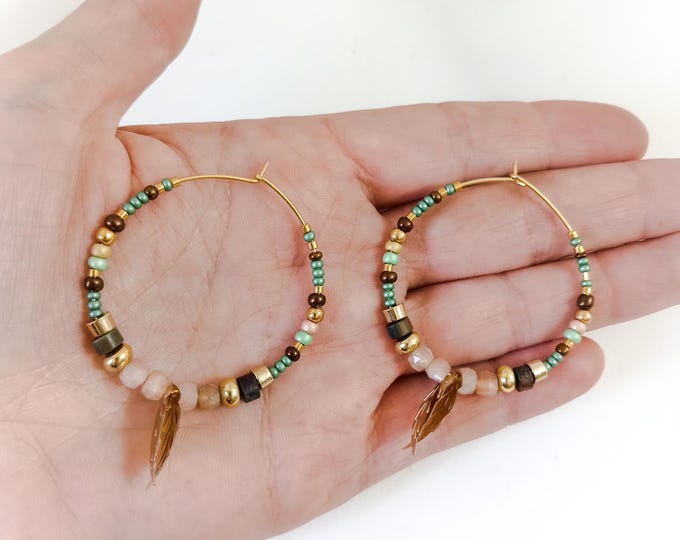 Handmade 35mm gold-plated moonstone and feather hoop earrings