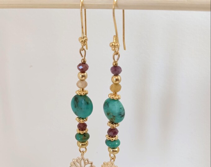 Handmade handcrafted lotus flower earring with genuine natural turquoise stone and gold plating.
