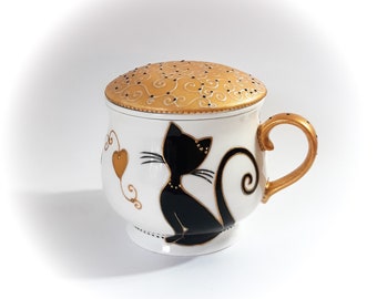 Tisanière théière céramique colorée originale mug tasse chat porcelaine filtre couvercle peint main artisanal