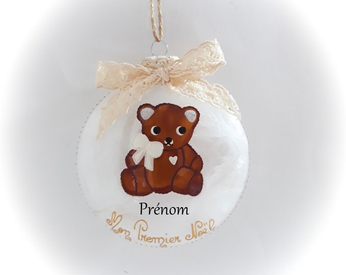 Boule de noël Mon Premier Noël prénom personnalisé nounours ourson enfant verre fait main artisanale