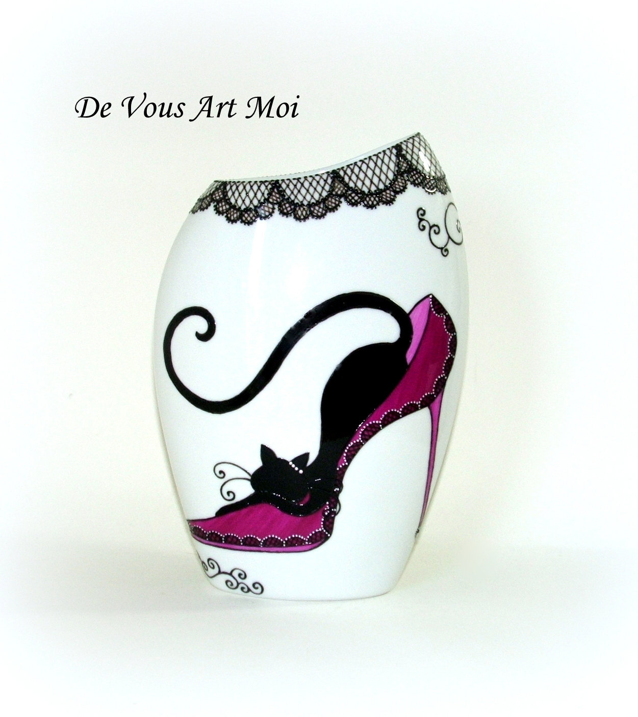 Vase Chat Peint Main, Vase Escarpin Rose, Vase Porcelaine Artisanal