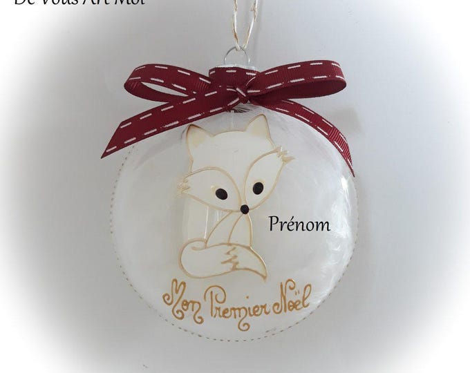Boule de Noël personnalisée mon premier noël naissance verre dessin renard blanc fait main artisanale