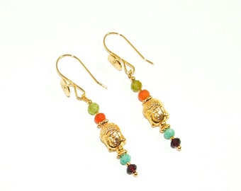boucle d'oreille pierre semi précieuses gemme multicolore plaqué or 24K bouddha artisanale fait main