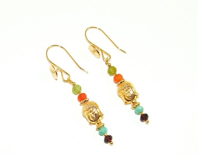 boucle d'oreille gemme multicolore plaqué or 24K,Boucles d'oreille bouddha artisanale,fait main