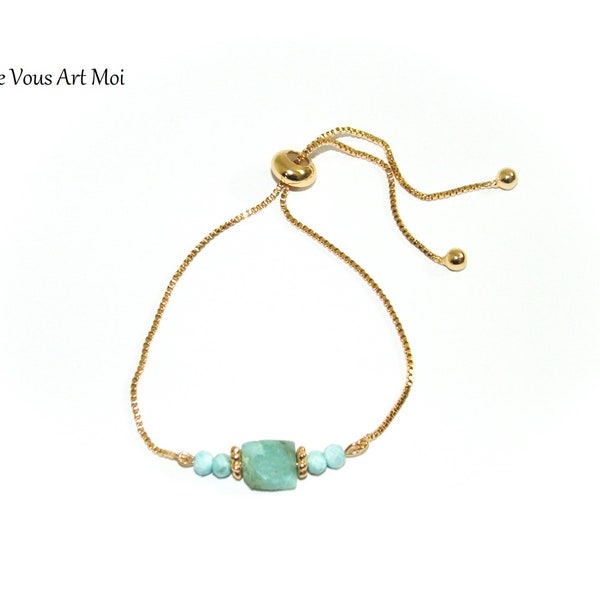 Bracelet coulissant pierre Larimar plaqué or chaine minimaliste fait main