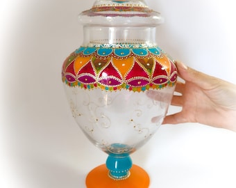 Original colorful glass candy dish, large handmade jar