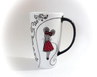 Large mug, colorful illustrated tea/infusion cup, 60cl, ceramic, porcelain, hand-painted, handmade
