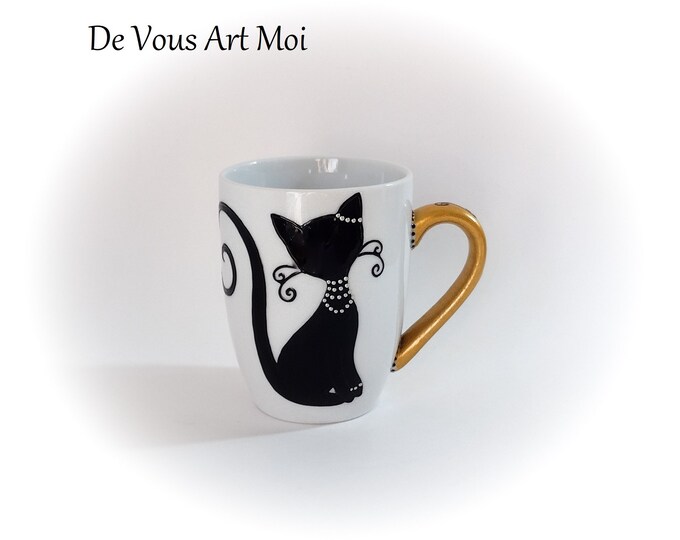 Mug tasse chat céramique porcelaine peint main artisanal