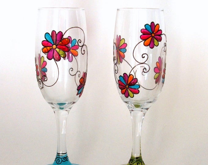 Flûtes à champagne,Duo de verres ,coupe flûtes champagne,verre bohême Fleurs,verre peint main,verre fait main,verre décoré coloré