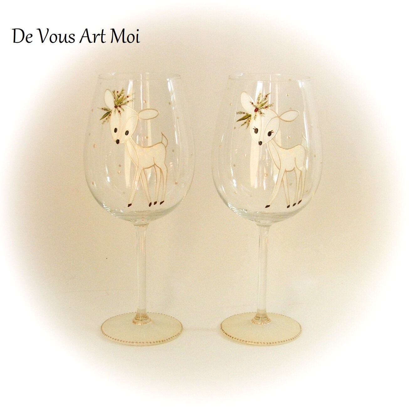 Duo Grands Verres Vin, Verre Vin Motif Faon Blanc, Fait Main, Verre Artisanal Peint Main