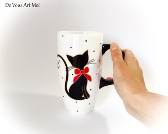 Original, large-capacity mug with a cat theme, handmade.