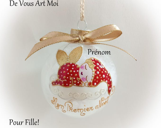 Boule de noël premier noël bébé fille naissance personnalisé mon premier noël fée ange lutine verre illustration peinte main artisanale