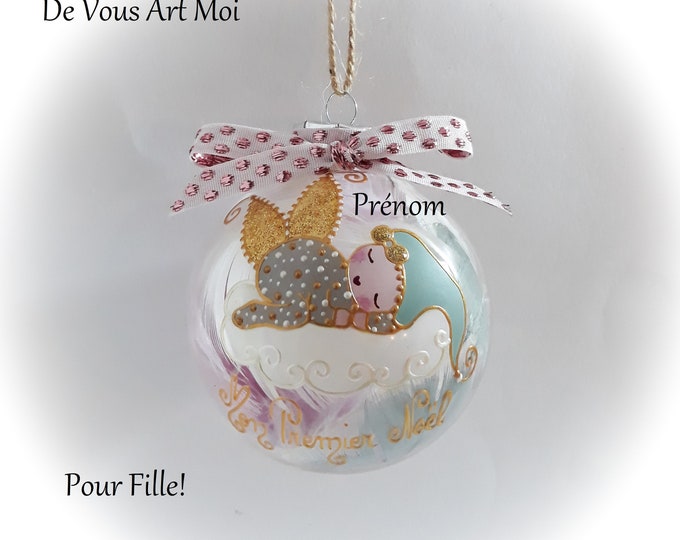 Boule de noël mon premier noël fille personnalisé fée ange lutine verre illustration peinte main artisanale