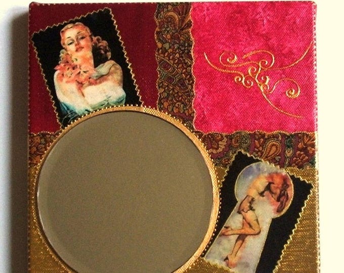 Miroir pin-up sur châssis entoilé,miroir rond tableau,tableau pin-up miroir,décoration rétro vintage,décoration murale pin-up,fait main