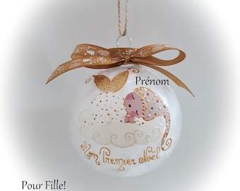 Boule de noël premier noël bébé fille naissance personnalisé mon premier noël fée ange lutine verre illustration peinte main artisanale