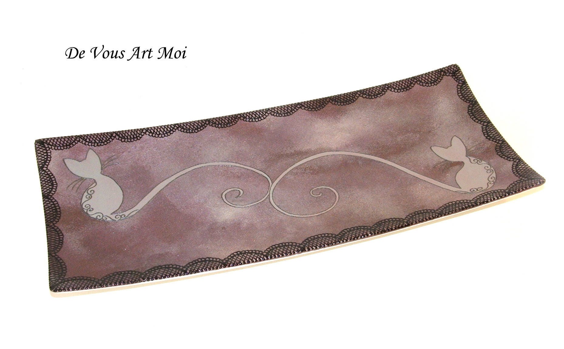Grand Plat Rectangle Porcelaine Fait Main Plat Motif Dessin Chat Plat Gateau Toasts Couple De Chat Peint Main