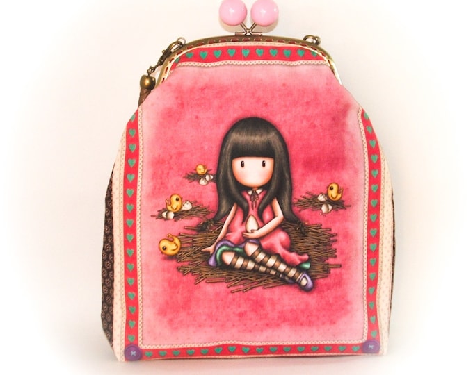 Gorjuss Minaudière bag in fabric with metal clasp, velvet shoulder strap, handmade