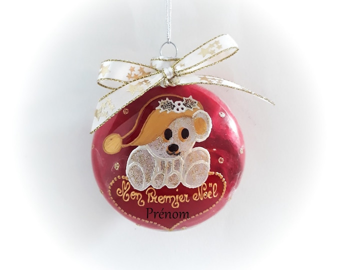 Boule mon premier Noël bébé personnalisé verre illustré ourson nounours de Noël peinte main artisanal