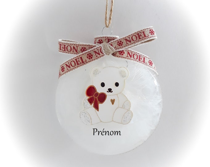 Boule de Noël personnalisée prénom enfant ourson blanc peinte main artisanale