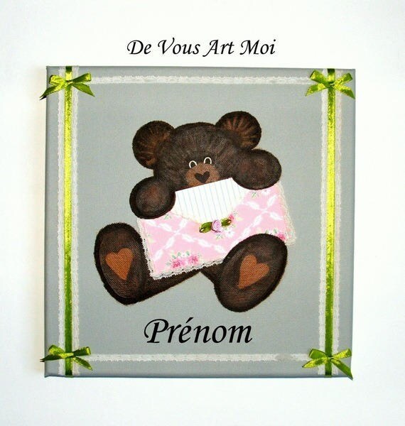 Tableau Prénom Personnalisé Enfant, Cadeau Bébé, Peinture Ourson Nounours