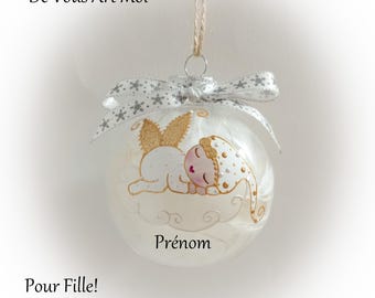 Boule de noël premier noël bébé fille naissance personnalisé mon premier noël fée ange lutine verre illustration peinte main artisanale