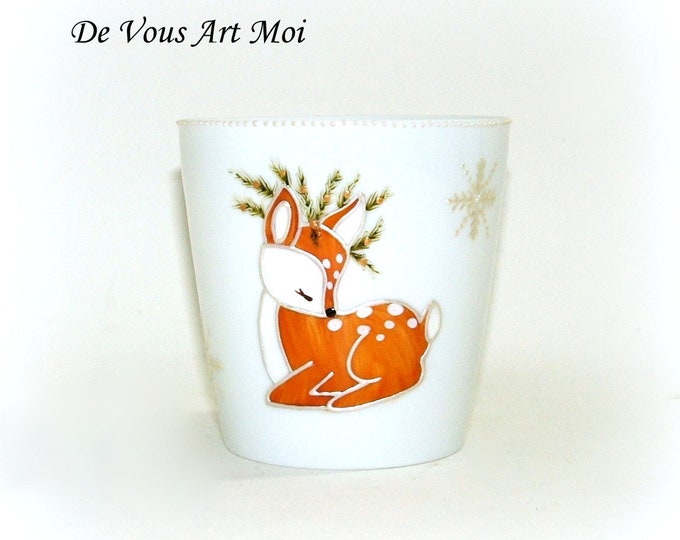 Photophore bougeoir thème Noël,décoration lumineuse faon biche,porcelaine peinte main artisanal