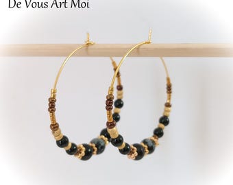 Créoles plaqué or et pierre naturelles noires onyx 40mm artisanal