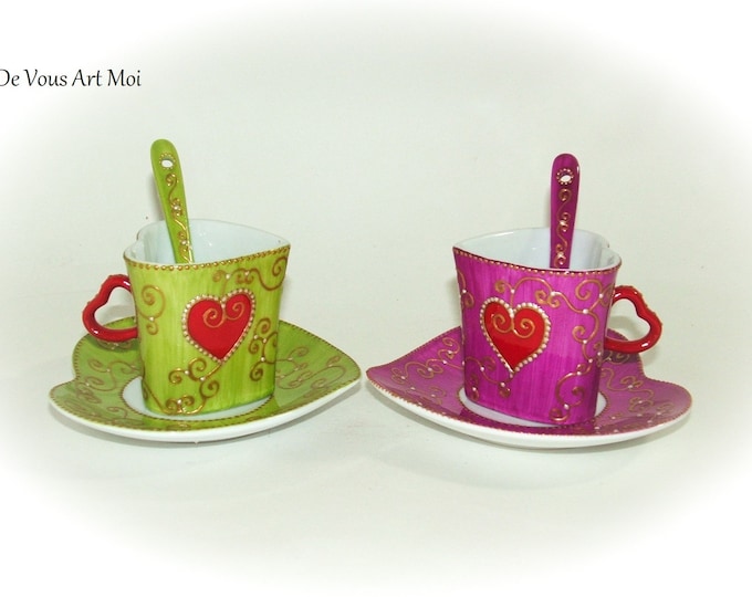 Tasse coeur porcelaine peinte,duo tasses saint valentin,artisanale fait main