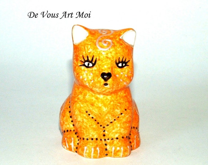 Chat fait main,support pic apéro,ou verseuse,en porcelaine,peinte à la main,orange/blanc,accessoire apéritif table