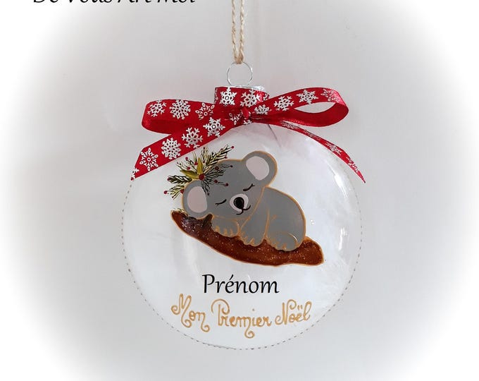 Boule mon premier noël koala prénom personnalisé verre peinte main artisanale
