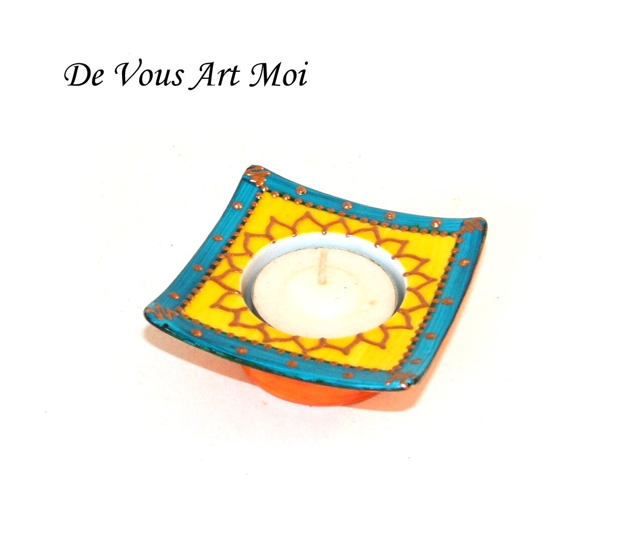 Bougeoir Bohème Coloré, Petit Porte Bougie, Chauffe Plat, Turquoise et Jaune, en Porcelaine, Décoré 