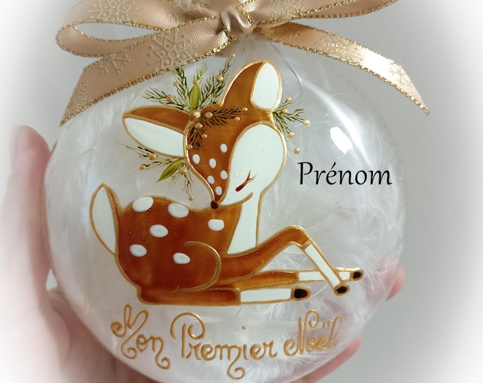 Boule de noël naissance mon premier noël personnalisée illustration faon fait main artisanale