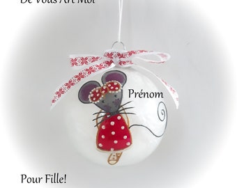 Boule de noël personnalisée fille cadeau Noël personnalisé prénom enfant illustration souris peinte main artisanale