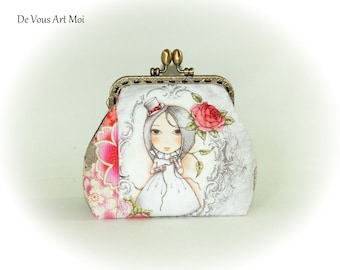 Coin purse with metal clasp, original women's pouch, illustrated pouch with vintage-style clasp, handmade.