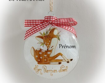 Boule de noël naissance mon premier noël personnalisée illustration faon fait main artisanale