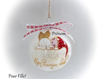 Boule de noël personnalisé mon premier noël fée ange lutine verre illustration peinte main artisanale