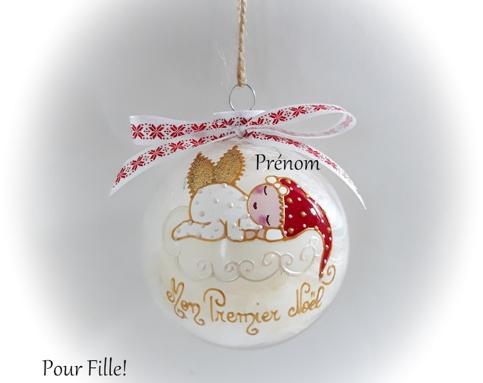 Boule de noël personnalisé mon premier noël fée ange lutine verre illustration peinte main artisanale