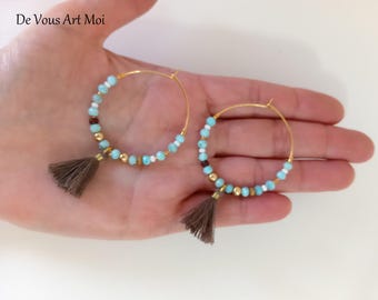 Handcrafted Larimar natural stone hoop earrings, 35mm, gold plated