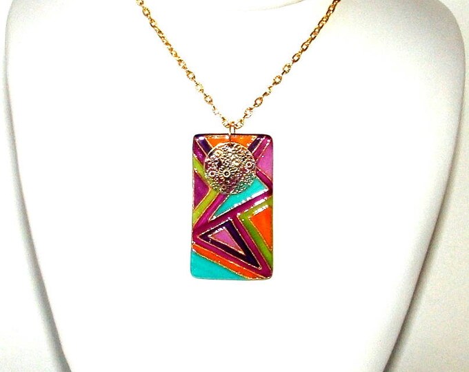 Collier femme bohème,fait main,collier pendentif coloré,pendentif Rectangle multicolore,en porcelaine,décorée main,esprit bohème amérindien