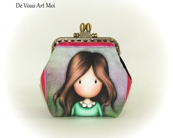 Original velvet coin purse with illustrated metal clasp, handmade