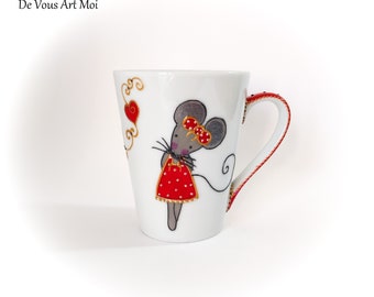 Mug tasse porcelaine femme,fait main,mug illustré souris peinte,artisanale
