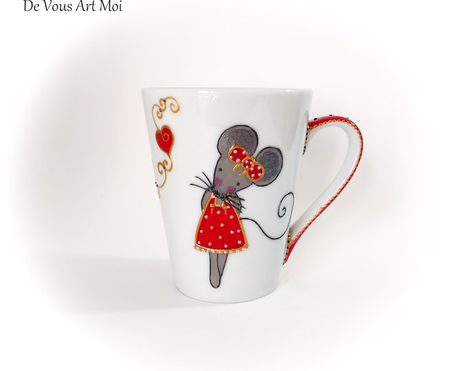 Mug tasse porcelaine femme,fait main,mug illustré souris peinte,artisanale