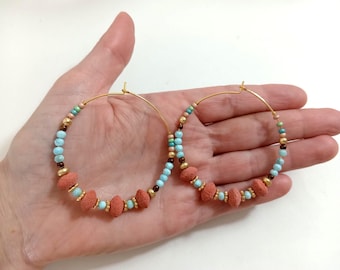 Larimar hoop earrings with multicolored natural stones, 50mm, gold plated, handmade