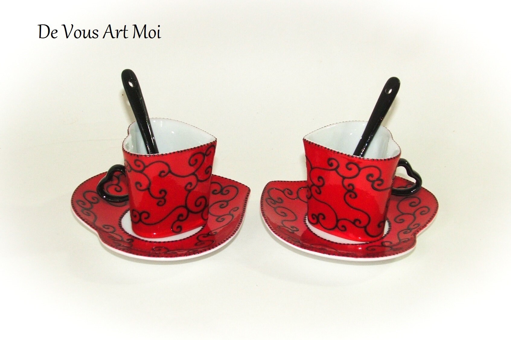 Tasse Céramique Duo Coeur, Tasse Porcelaine Soucoupe Cuillère, Peinte Main Artisanal