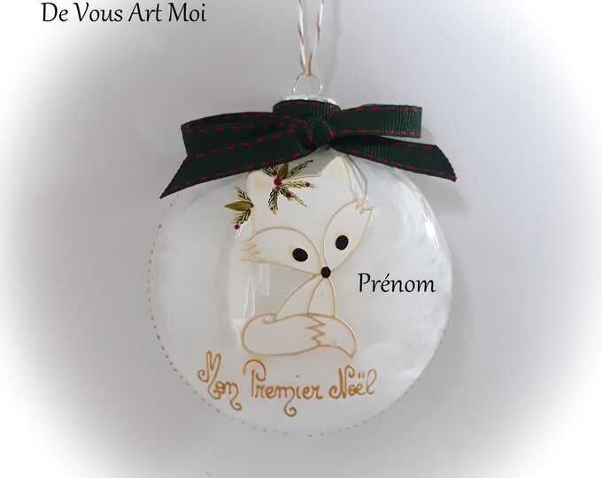 Boule de Noël personnalisée prénom enfant premier noël verre dessin renard fait main artisanale